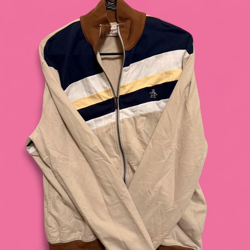 Original Penguin Men's L Full Zip Track Jacket Stand-Up Collar Striped Beige